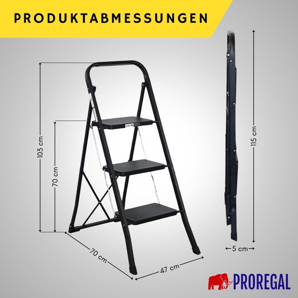 Schwarze Trittleiter: offen 103 Zentimeter hoch, Standhöhe 70, 47 Zentimeter breit, 70 tief; geschlossen 115 hoch, 5 Zentimeter tief. Proregal Logo.