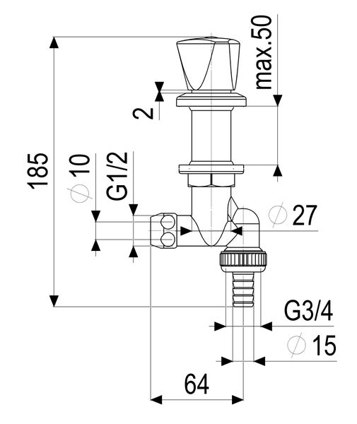 Technische Zeichnung eines Ventils mit Maßangaben in Millimetern: Gesamthöhe 185, Ausladung 64, Anschlüsse G 1/2 und G 3/4 Zoll.