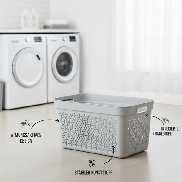 Wäschekorb aus stabilem Kunststoff mit atmungsaktivem Design und integrierten Tragegriffen