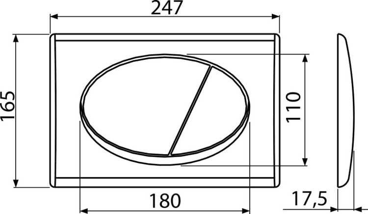 Technische Zeichnung einer Toiletten-Betätigungsplatte mit Maßen von 247 Millimeter Breite, 165 Millimeter Höhe und 17,5 Millimeter Tiefe.