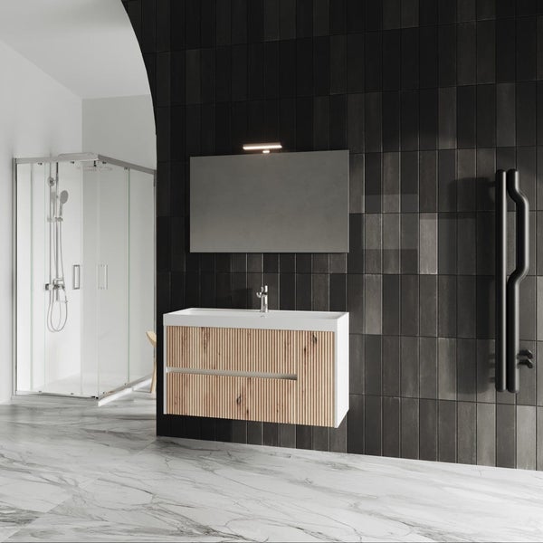 100cm Unterschrank mit Waschtisch und Spiegel 100x60 - geriffelt | Cortina