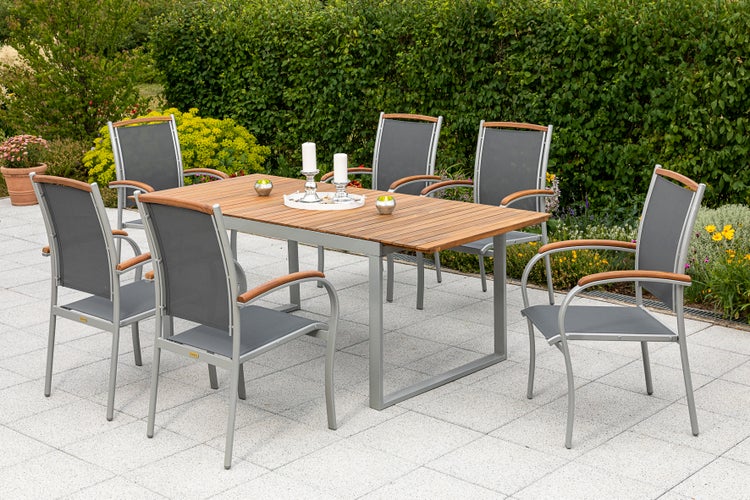 Siena Gartenmöbelset 7tlg., Stapelsessel, Ausziehtisch 150 (200) x 90 cm, silber/schwarz