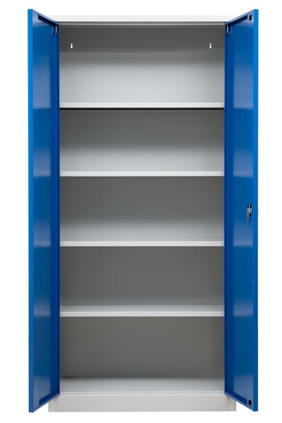 PROREGAL Flügeltürenschrank Badger 4 Fachböden Eurolock Griff Sockel HxBxT 195 x 92 x 42 cm Grau-Blau Lackiert