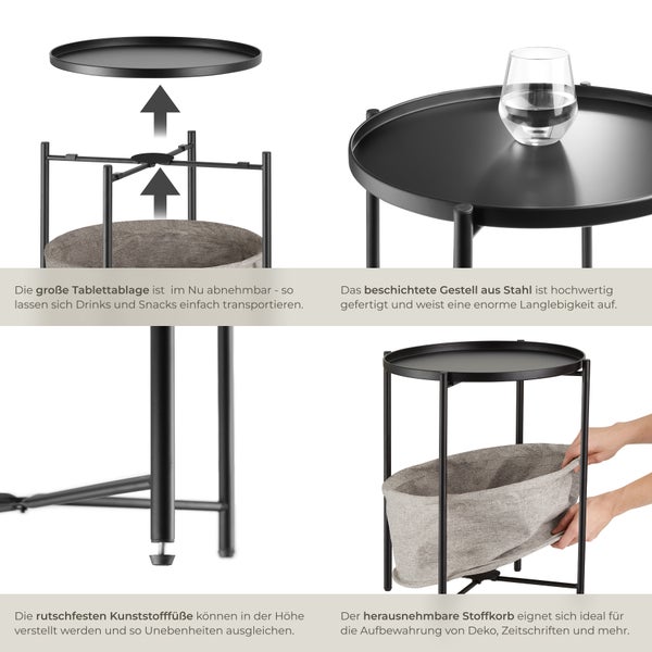 Beistelltisch mit abnehmbarem Tablett und Stoffkorb