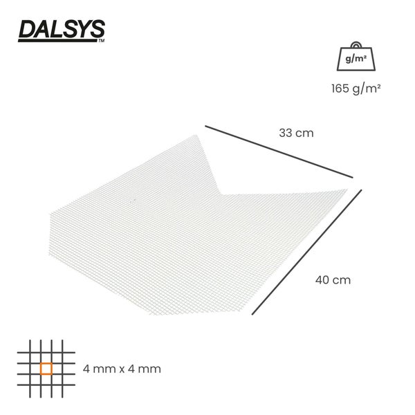 DALSYS Logo, Armierungsgewebe 165 Gramm pro Quadratmeter, Maße 33 Zentimeter mal 40 Zentimeter, Maschenweite 4 Millimeter mal 4 Millimeter.
