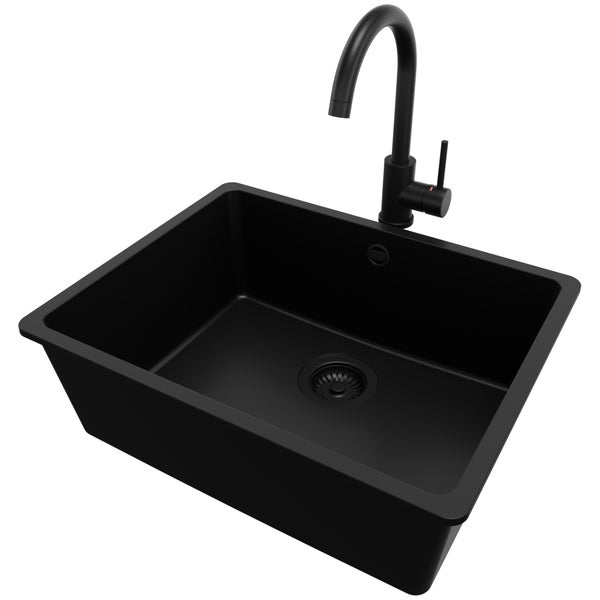 PRIMAGRAN Granitspüle Alles Schwarz 56x44cm, Spülbecken 1 Becken + Küchenarmatur 32x20cm + Ablauf-Set, Küchenspüle ab 60er Unterschrank - Venedig Slim Easy