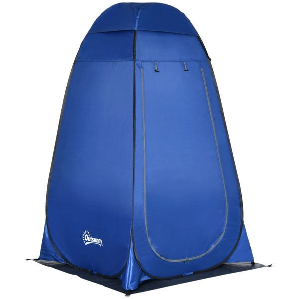 Blaues Outsunny Pop-up Sichtschutzzelt für Dusche und Umkleide mit Reißverschlusstür und Bodenmatte.