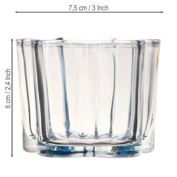 Glaswindlicht mit Wellenstruktur, Höhe 6 Zentimeter oder 2,4 Zoll, Durchmesser 7,5 Zentimeter oder 3 Zoll.