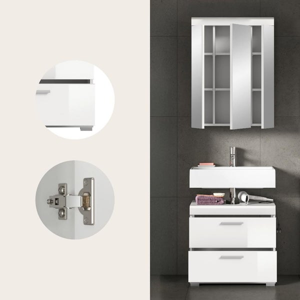 Modernes weißes Badezimmermöbel-Set mit Spiegelschrank, Waschbecken und Unterschrank sowie Detailansichten von Scharnier und Schublade.