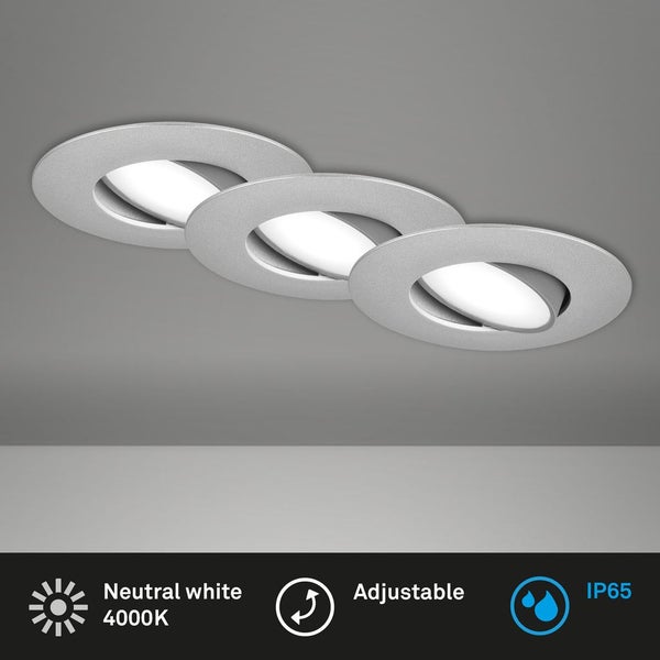 Briloner LED Einbaustrahler Bad, 3er Set, IP65, Dimmbar, Schwenkbar, silberfarbig, 9 x 4,5 cm