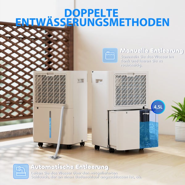 Luftentfeuchter mit zwei Entwässerungsmethoden: automatisch über einen Schlauch zum Bodenablauf und manuell über einen 4,5 Liter Wassertank.