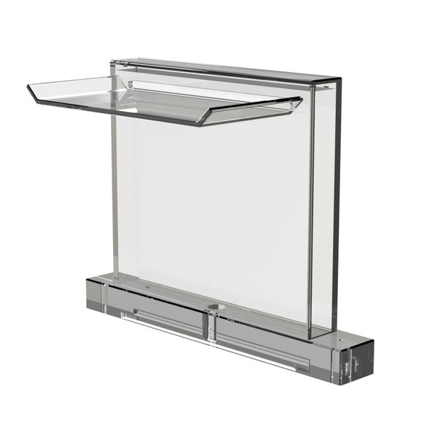 Wasserfallschütte aus transparentem Kunststoff, rechteckige Form mit breitem Auslauf für Teiche und Pools.