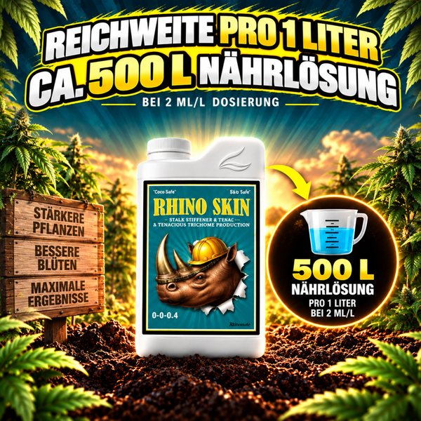 Rhino Skin Pflanzendünger in einer Flasche mit Anwendungshinweisen zur Ergiebigkeit von 500 Litern Nährlösung pro Liter Konzentrat.