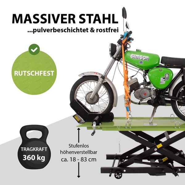 Motorrad auf einer Hebebühne aus massivem, pulverbeschichtetem und rostfreiem Stahl. Die Hebebühne ist stufenlos höhenverstellbar von circa 18 bis 83 Zentimeter und rutschfest. Die Tragkraft beträgt 360 Kilogramm.