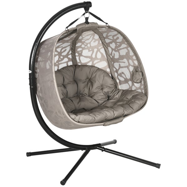 Outsunny Hängesessel, 2 Sitzer Hängestuhl mit Kissen, für Indoor, Outdoor, bis 240 kg Belastbar, 130L x 103B x 172H cm, Polyester+Stahl, Sand