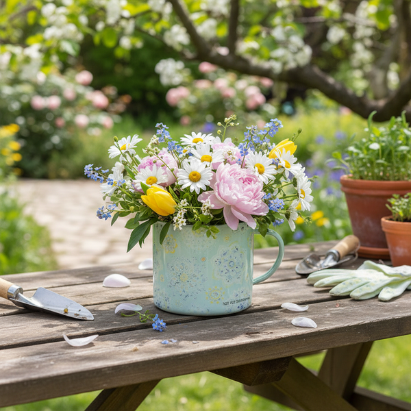 Blumenstrauß in einer gemusterten Tasse auf einem hölzernen Gartentisch mit Gartenwerkzeugen und Handschuhen in einem hellen Garten.