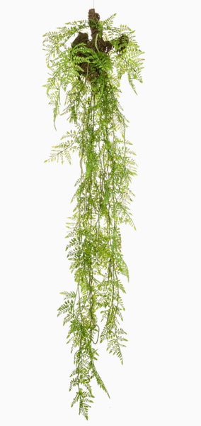 Künstlicher Farn mit grünen Blättern und braunen Stielen.