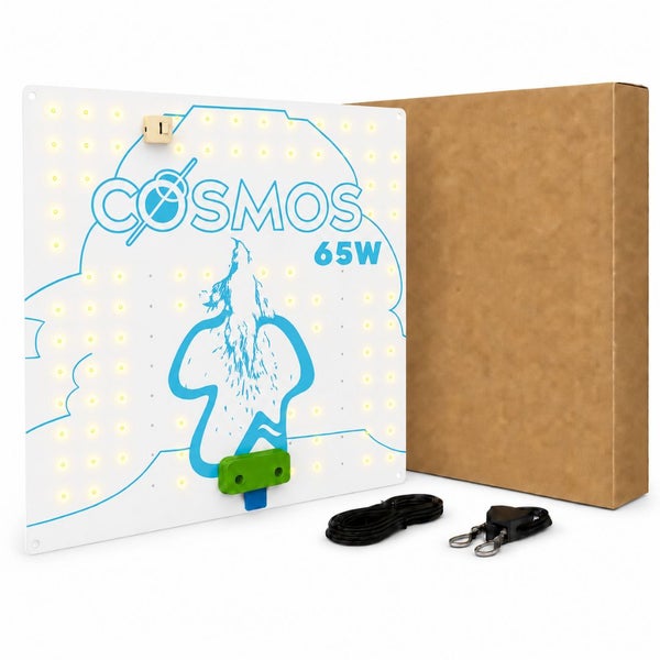 Quadratisches LED-Pflanzenlicht-Panel Cosmos 65 Watt inklusive Netzkabel, Aufhängung und Kartonverpackung.