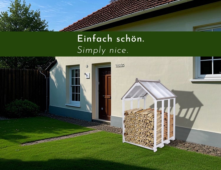 WONDERMAKE® Design Kaminholzregal aus Holz mit Dach außen, Brennholzregal Holzlager-Regal Feuerholzregal Kaminholzunterstand Kaminholzlager klein Brennholzlager draußen Outdoor, 1,8 SRM, weiß grau