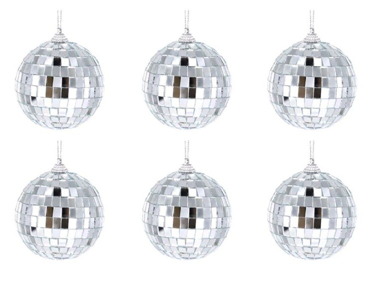 Set mit sechs Spiegelkugeln zum Aufhängen als Weihnachtsbaumschmuck oder Partydekoration