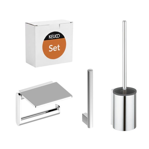 Keuco Badezimmer Set bestehend aus Toilettenpapierhalter mit Ablage, Ersatzrollenhalter und WC Bürstengarnitur aus Metall.