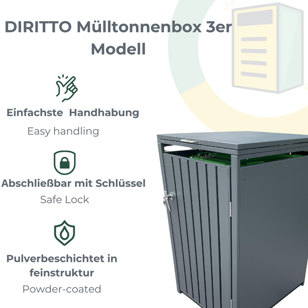My Mülltonne DIRITTO Mülltonnenbox 3er Modell, anthrazit RAL 7016, 201 x 80 x 116 cm mit Klappdach inkl. Gasdruckdämpfer und SoftClose
