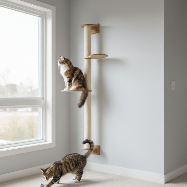 Wandkratzbaum mit Sisalsäulen und Holzplattformen in einem hellen Wohnraum mit Katzen.