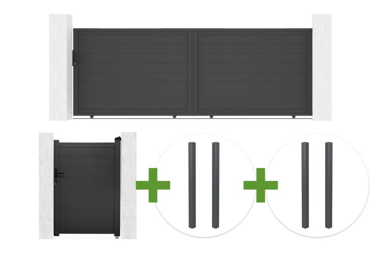 Set aus anthrazitfarbenem Doppelflügeltor, passender Gartentür und zwei Sets von Pfosten.