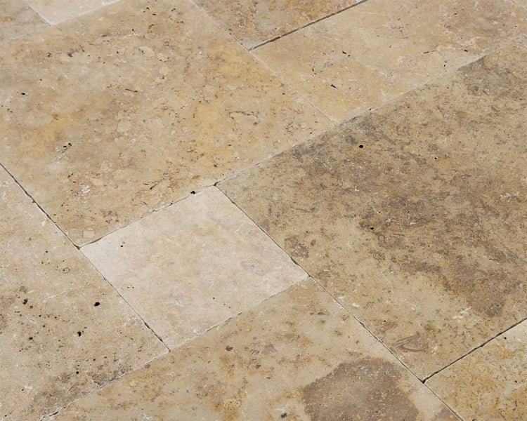 Wohnrausch Travertin Terrassenplatten GOLDEN BROWN Römischer Verband 3 cm, getrommelt, gelb, gold, braun