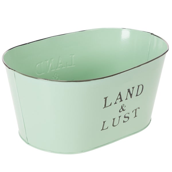 Ovaler Pflanztopf aus Metall in Mintgrün mit Aufdruck LAND & LUST.