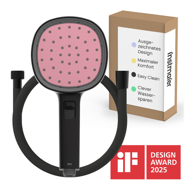 Handbrause mit Brauseschlauch von Instmaier, rosa Strahlplatte, inklusive Verpackung und iF Design Award 2025 Auszeichnung, wassersparend.