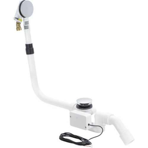 Badewannen-Ab- und Überlaufgarnitur mit elektronischer Steuerung, weißer Kunststoff und verchromte sichtbare Teile.