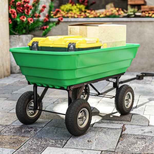 Gartenwagen mit Kunststoffwanne und vier Luftreifen, beladen mit einem Werkzeugkoffer und einem Karton, auf einer gepflasterten Terrasse.