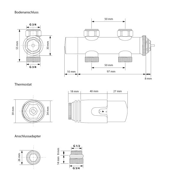 ECD Germany Badheizkörper Mittelanschluss 600 x 1200 mm Anthrazit gebogen mit Anschlussgarnitur inkl. Thermostat Durchgang Boden Heizkörper Heizung Handtuchwärmer Handtuchtrockner Handtuchheizkörper