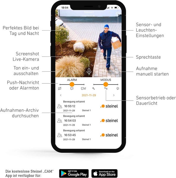Steinel CAM App auf einem Smartphone mit Live-Kamera-Ansicht, Bewegungshistorie, Gegensprechfunktion und Licht-Einstellungen.