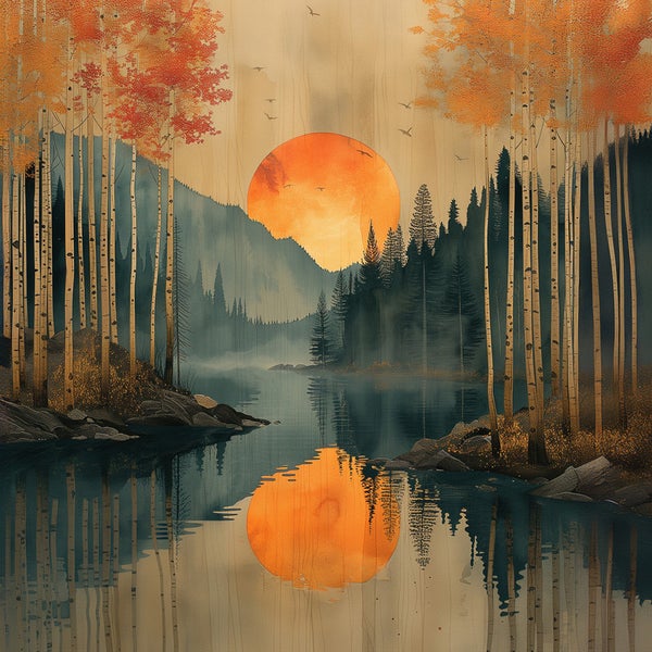 Illustration einer ruhigen Waldlandschaft mit See und Sonnenuntergang