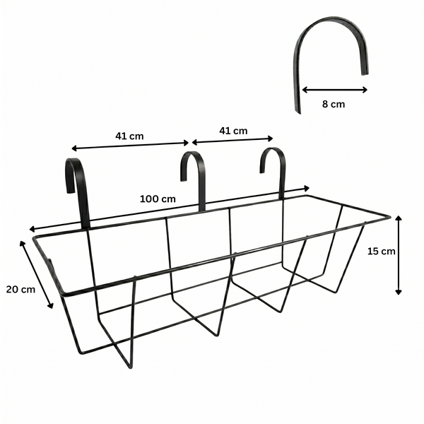 Balkonkastenhalter aus schwarzem Metall mit den Maßen 100 mal 20 mal 15 Zentimeter sowie Hakenabständen von 41 Zentimetern.