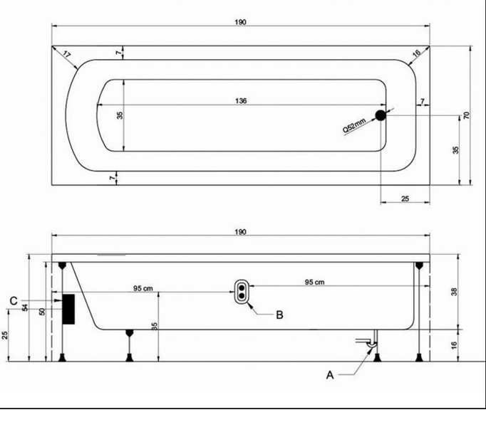 Technische Zeichnung einer Badewanne mit Maßangaben.