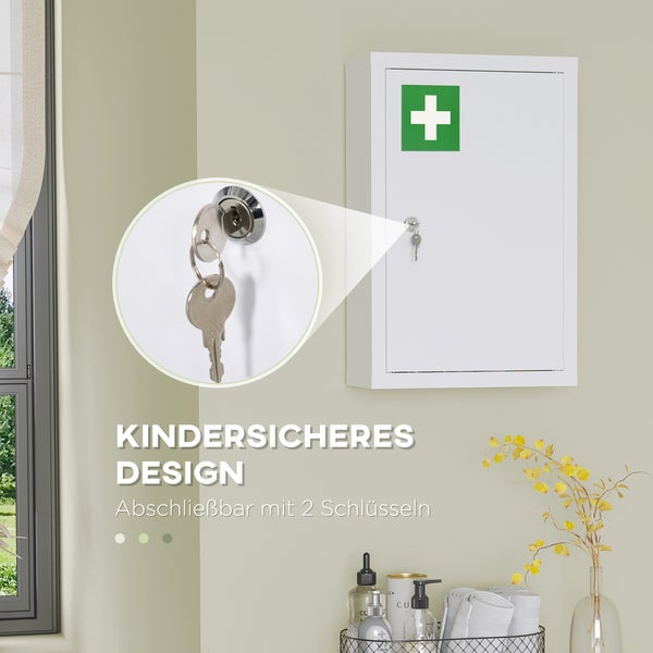 kleankin Medizinschrank, Apothekerschrank mit 3 Schichten, Abschließbarer Arzneischrank, Medikamentenschrank mit 2 Schlüsseln, Wand-Medizinbox, Stahl, Weiß, 30 x 14 x 46 cm