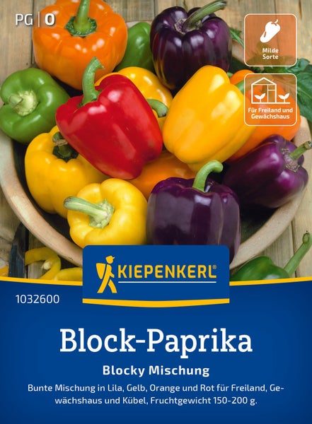 Kiepenkerl Saatgut Blockpaprika Mischung mit milden Sorten in Gelb, Orange, Rot und Lila für Freiland und Gewächshausanbau.