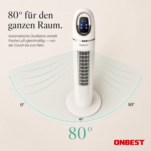 ONBEST Turmventilator mit digitalem Display und 80 Grad Oszillation zur gleichmäßigen Luftverteilung im Raum.