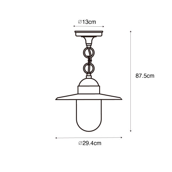 Maßzeichnung Außenhängeleuchte: Durchmesser Schirm 29,4 Zentimeter, Gesamthöhe 87,5 Zentimeter, Durchmesser Baldachin 13 Zentimeter.