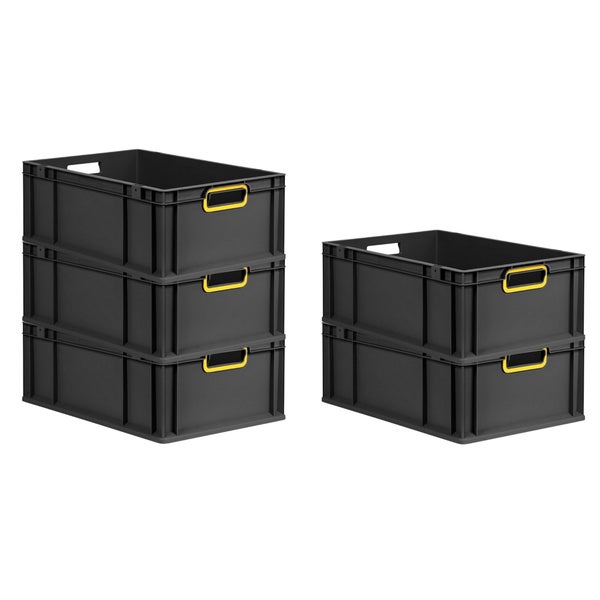 PROREGAL SuperSparSet 4x Eurobox NextGen Color, HxBxT 22x40x60cm, 44 Liter, Griffe gelb offen, Verstärkter Boden, Schwarz, Eurobehälter, Transportbox, Transportbehälter, Stapelbehälter