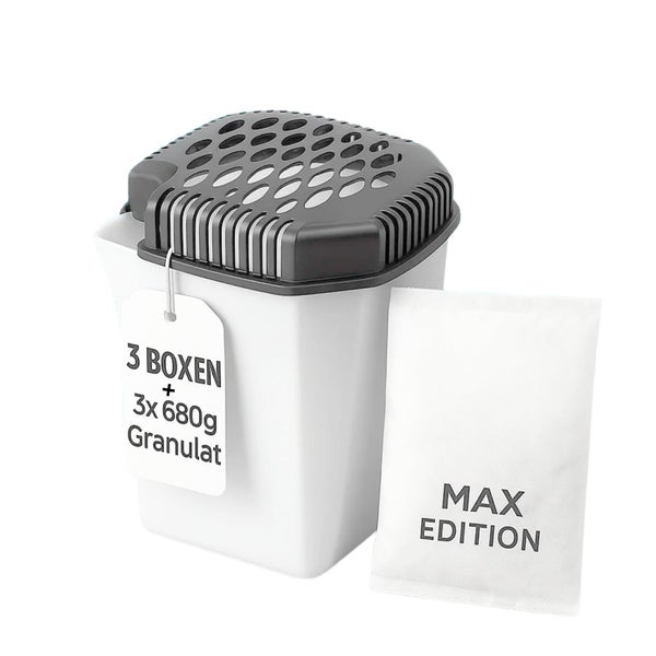 Luftentfeuchter Set mit 3 Boxen und 3 mal 680 Gramm Granulat Beutel Max Edition