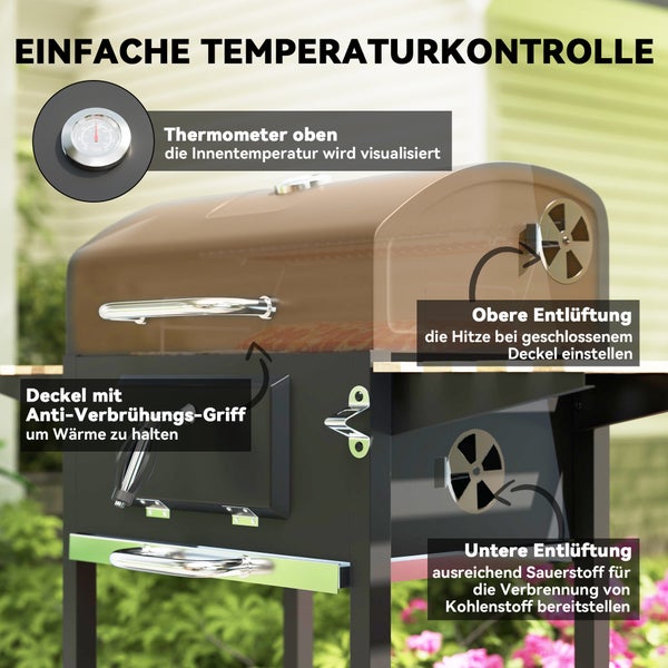 Outsunny Holzkohlegrill aus Edelstahl fahrbar Grillwagen mit Deckel Thermometer Grillrost Räder Griff verstellbar Kohlewanne, Kohlegrillwagen mit Holzablage BBQ Smoker für Camping Garten 112x58x107cm