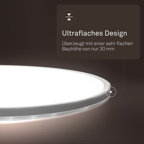 Ultraflache runde LED-Deckenleuchte mit einer Bauhöhe von 30 Millimetern.