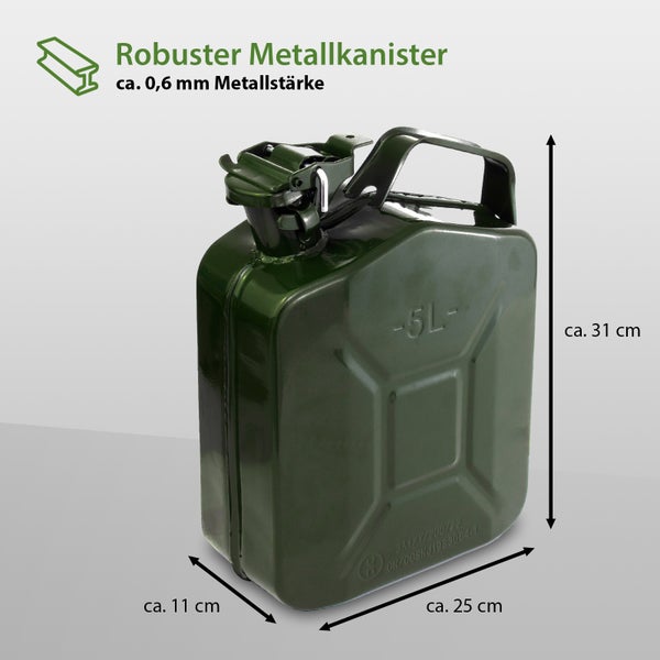 Robuster Metallkanister mit fünf Litern Fassungsvermögen und circa null Komma sechs Millimeter Metallstärke.