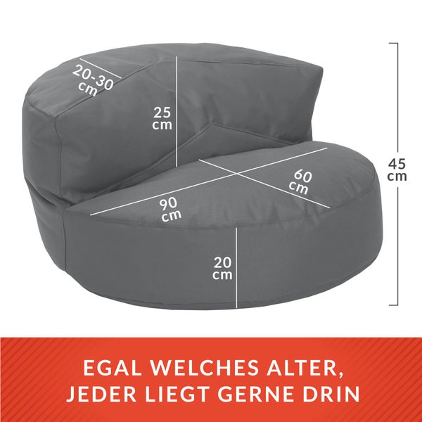 Green Bean Sitzsack Sofa mit Füllmaterial - Lounge im Sitzsack-Design 90x50cm mit ergonomischer Rückenlehne & waschbarem Bezug - Indoor und Outdoor geeignet in Grau