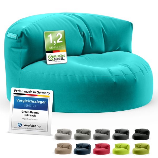 Türkisfarbener Green Bean Sitzsack mit Vergleichssiegel und Qualitätsiegel