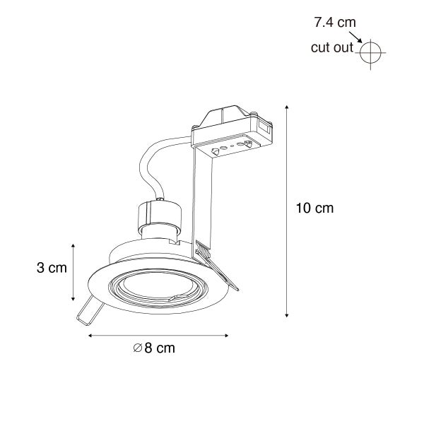 Technische Zeichnung eines Einbaustrahlers mit Maßen: Durchmesser 8 Zentimeter, Höhe 10 Zentimeter und Lochausschnitt 7,4 Zentimeter.